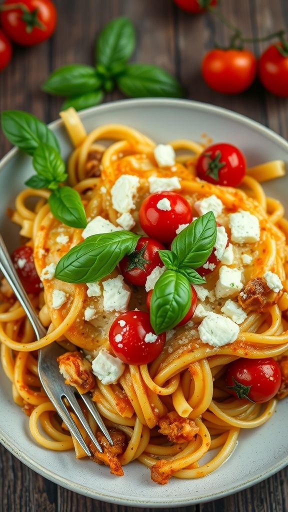 Baked pasta with feta cheese and cherry tomatoes, garnished with basil on a rustic table.